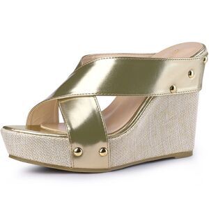 Open Toe Platform Linen Slide Wedge Sandals Gold